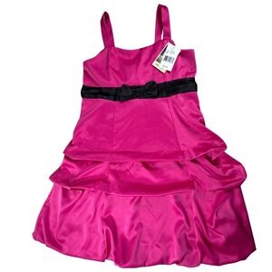 Honey and Rosie NWT Girls Dress Size 16 Neon Cerise Pink Black‎ Bow Tiered Satin